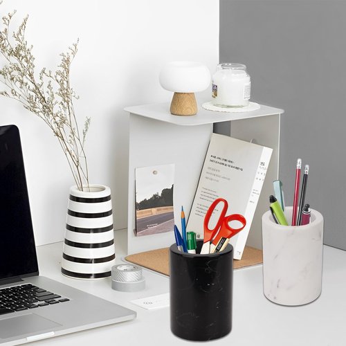 WORHE Natural Marble Pen Holder for Desk, Handcrafted Volakas Sturdy Desk Organizer for Office Supplies Storage Desktop Stationary Makeup Brushes Cup Pencil Holders for Home White (DL002)