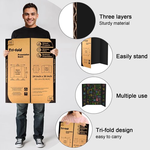 4 Pack Black Trifold Poster Board 24" X 36", IKAYAS Poster Boards, Science Fair Display Boards Posterboard Foamboard for Mounting, Prints,Art,Display,Projects Classroom Supplies