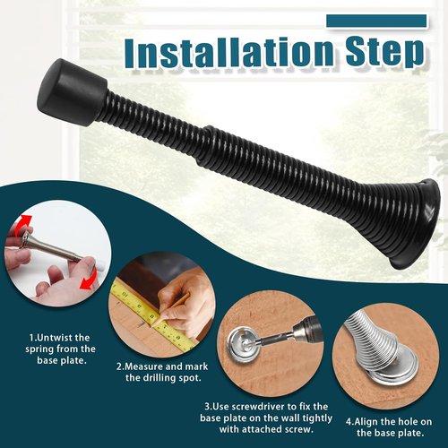 Skiennix 6 Pack Adjustable Spring Door Stoppers - Rubber Bumper, 3 to 4 Inch, Flexible Wall Stops | Black