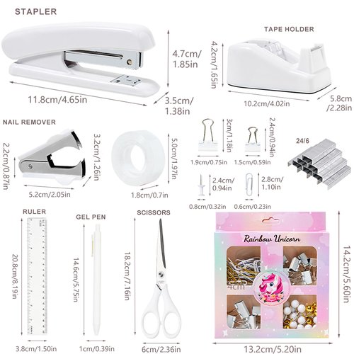 COMFYROOM Desk Accessories with Pen Holder, Office Supplies Desk Organizers and Accessories, Tape Dispenser, Stapler, Staple Remover, Staples, Clips Set, Ruler, Scissor, Pen, Tape (White)