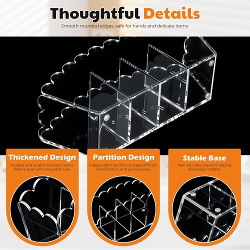 Novacrylion Scalloped Acrylic Pencil Holder – Clear Desk Organizer with 4 Compartments – Makeup Brush Holder & Remote Caddy for Office, Bathroom, Table – Party Accessory