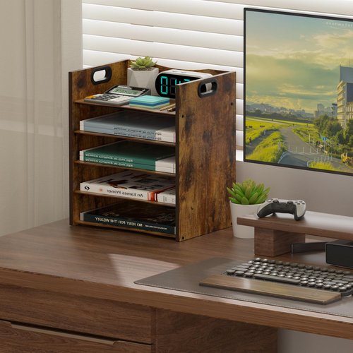 LMZAPET 5-Tier Wood Paper Organizer, File Holder for Desk With Handle - Wooden Paper Letter Tray, Desk Organizer and Accessories, File Cabinet for Home Office, School