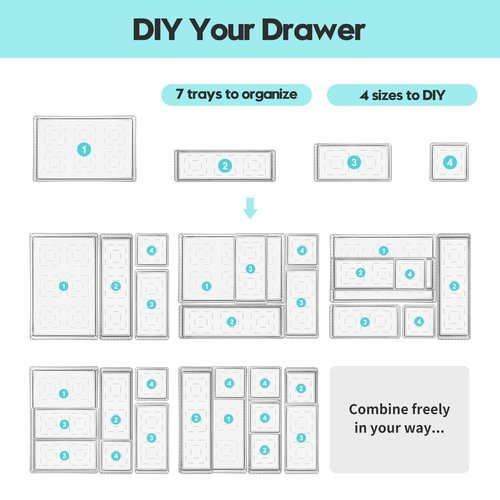 Swuj Clear Drawer Organizer Bins 7 pc Set, 4-Size Stackable Trays for Makeup Vanity Drawers, Bathroom Drawer Organizer Storage Containers for Cosmetic, Office Supplies