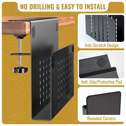 Desk Side Storage – Heavy-Duty Steel Laptop Holder Desk Attachment with Magnetic Pen Holder, Side Table No Drill Clamp Desk Organizer, Hanging Desk Organizer for Home & Office – Black