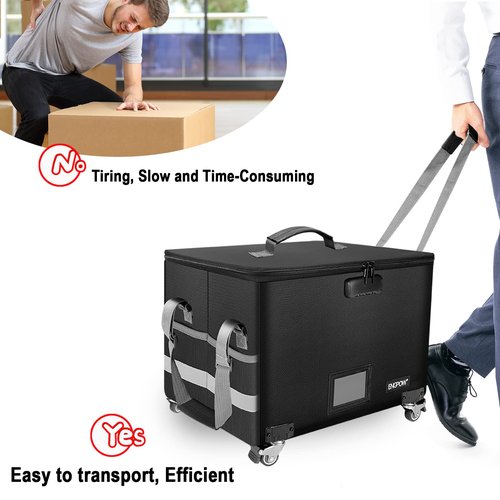 ENGPOW Fireproof Document Box with Wheels, Collapsible File Box with Lock, Rolling File Storage Organizer Filing Cabinet with Pockets, Portable Home Office Safe for Hanging Letter/Legal Folder