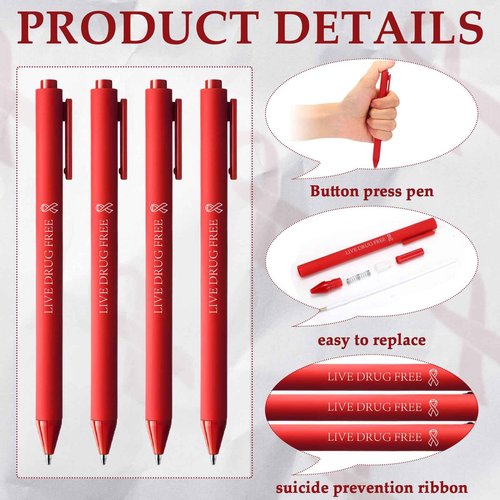 Cholemy 150 Pcs Red Ribbon Week Ballpoint Pens Live Drug Free Red Ribbon Awareness Pens Bulk Black Ink Retractable for Volunteer Fundraising Charity Event Party Favors Activity Supplies
