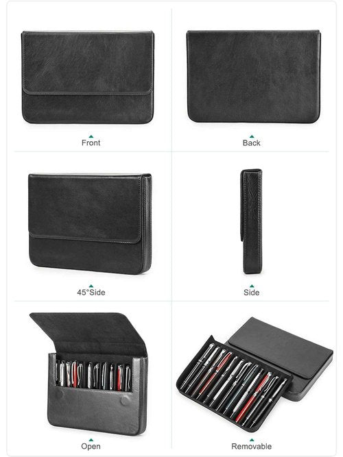 CataPurus Top Grain Genuine Leather 12 Pen/Pencil Tray Case Organizer, Solid Fashion Design No Logo, Handmade, Magnetic Closure with Drawer, Gift Choice for Man/Woman/Office, Glossy Black, 12 Slots