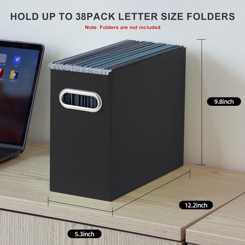 Oterri File Organizer, 2 Packs Small Storage Box, Cardboard File Folder Organizer, Collapsible File Box for Hanging File Folders Letter Size, Portable Filing Organizer with Handle(Black)