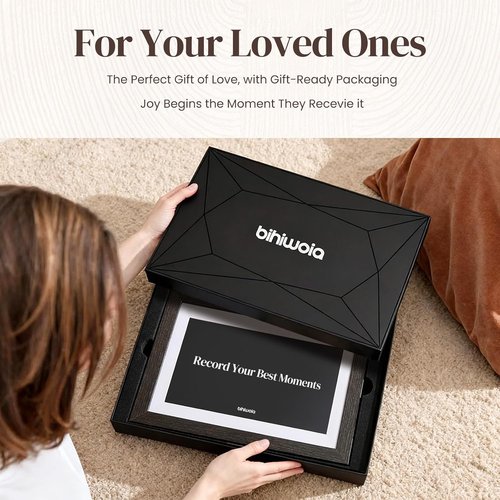 BIHIWOIA 10.1'' Frameo Digital Picture Frame - 32GB WiFi, 1280x800 IPS Touch Screen, Auto-Rotate, Black Wood