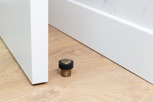 Door Stop | Threaded Base | Brass | Includes Screw + Mounting Plug | EVI Herrajes I-1802U (34 mm x 35 mm, Brass Leather - Black Rubber)
