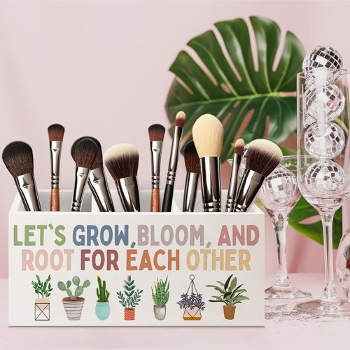 URLLUAE Boho Plant Classroom Wooden Pen Pencil Holder for Office Desk Accessories, Back to School Supplies for Students College Boys Girls Teachers First Day of School, Let's Root for Each Other