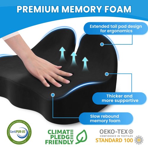 CushZone Seat Cushion, Memory Foam Office Chair Seat Cushion for Office Chairs/Car/Long Trip/Desk Chair/Gaming, Extra Large Size for Sciatica & Hip & Tailbone Pain Relief, Sciatica Support (Black)