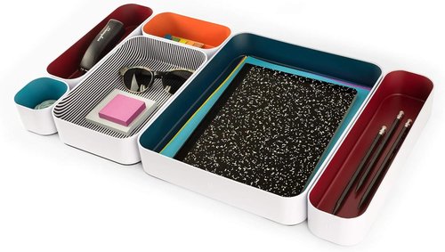 Three by Three Seattle 6 Piece Metal Organizer Tray Set for Storing Makeup, Stationery, Utensils, and More in Office Desk, Kitchen and Bathroom Drawers (2 Inch, Berry, Sunset, Blue, Stripes)