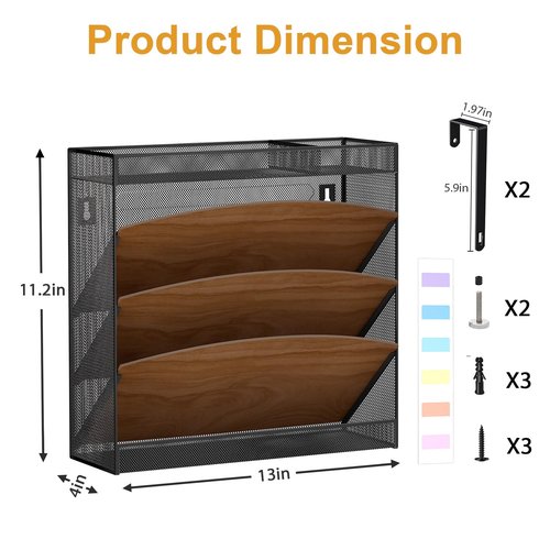 Aimeaihe Wall File Organizer, Wood Wall File Holder, 5 Tier Vertical Hanging Wall File Organizer, 3 Pockets Wall Mount File Holder with Top and Bottom Flat Tray for Office School Home, Black