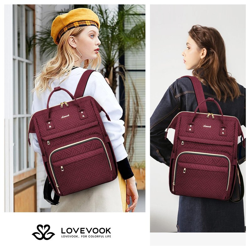 LOVEVOOK Laptop Backpack for Women,15.6 Inch Professional Womens Travel Backpack Purse Computer Laptop Bag Nurse Teacher Backpack,Waterproof College Work Bags Carry on Back Pack with USB Port,Wine Red