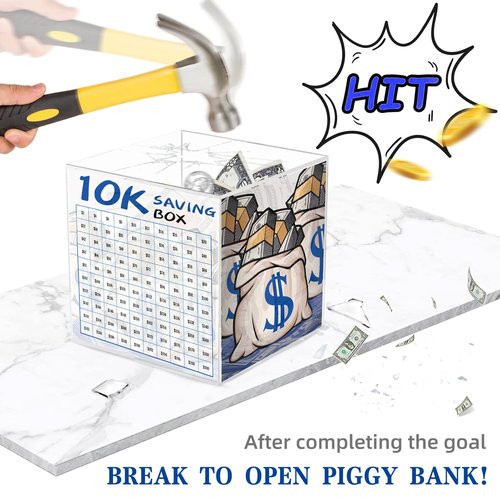 10k Smash Box for Money,6.1 * 6.1 * 6.1in Acrylic 10k Savings Challenge Cash Box for Cash,Transparent, Secure & Portable Piggy Bank for Adults Kids