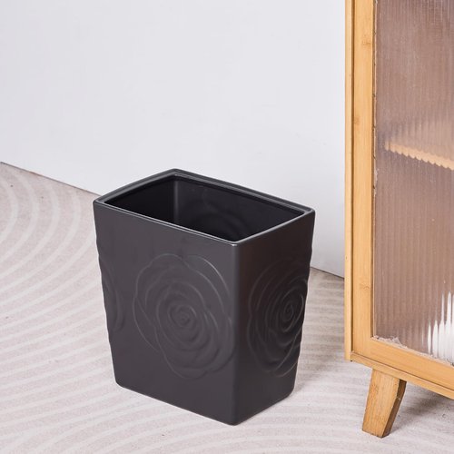 Black Ceramic Rose Small Bathroom Trash Can 2.5 Gal (9 Liter), Heavy Small Kitchen Garbage Bin, Living Room Bedroom Corner Trash Can, Decorative Wastebasket for Outdoor Garden, Home Office,Hotel Motel