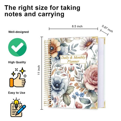 Undated Daily Monthly Planner for 2025 2026 - A4 To Do List with Hourly Schedule, Hardcover Spiral Bound Daily Planner to Increase Focus, Stylish School/Office Supplies, 8.5" x 11", Flower