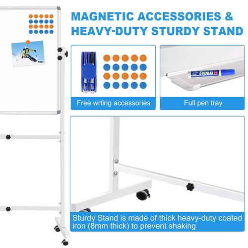 BSTPCOO Dry Erase Board with Stand 36"x24", Height Adjustable Mobile White Board with Stand Rolling Magnetic Whiteboard on Wheels Standing Whiteboard Including 1 Eraser, 2 Markers and 20 Magnets
