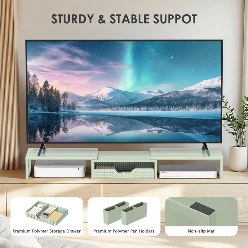 OPNICE Desk Organizers and Accessories, Dual Monitor Stand Riser with Drawer and 2 Pen Holders, Desk Shelf Metal Computer Monitor Stand for Office Workspace Organizers, Desktop Organization (Green Metal)