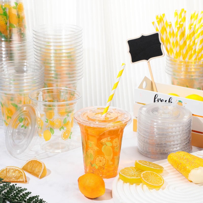 Umigy 100 Pack Plastic Disposable Cups with Lids and Straws 12 oz Disposable Cups for Juice Water Coffee Summer Party Sports Party Supplies(Lemonade)