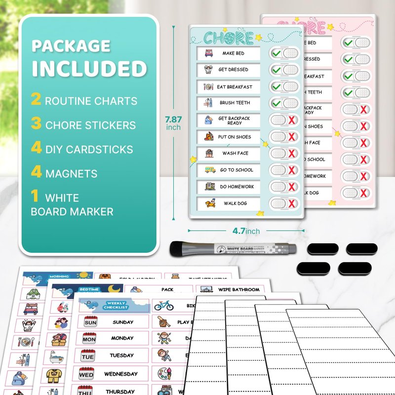 Dry Erase Kids Chore Chart for 2 Kids Pink and Blue - Magnetic Routine Chart with Slider Cute Design Stickers, Morning Bedtime Routine Chart for Toddlers Visual Schedule for Kid