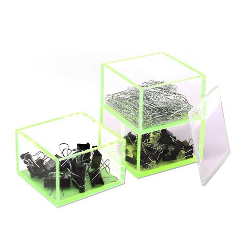 Acrylic Paper Clip Holder Stackable Paperclip Holders with Lid for Desk Small Office Supply Storage Boxes, Pack of 3, Neon Green