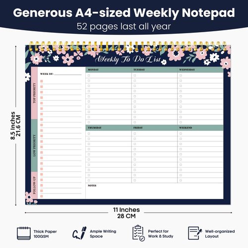 Weekly To Do List Notepad with 52 Undated Sheets(8.5"×11")- Undated Weekly Planner Notepad for Office Desk Accessories and Supplies - Navy Blossom