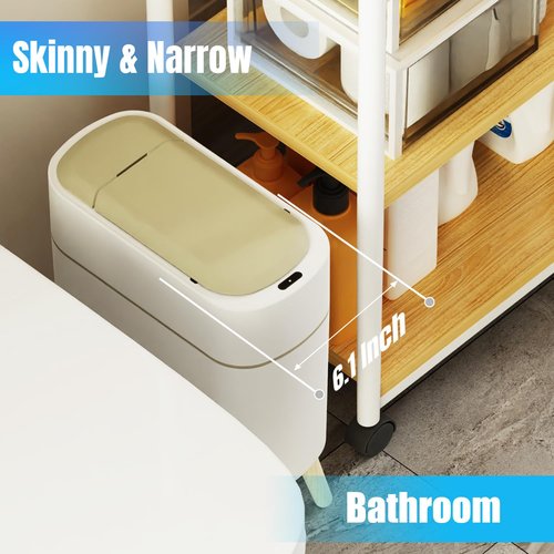 Yatmung Motion Sensor Bathroom Trash Can with Lid 2.5 Gal Smart Trash Bin - Waste Basket for Bedroom, Office, Living Room - Slim Bathroom Garbage Can Automatic Touchless - White with Wooden Legs