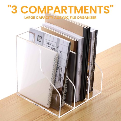 HeZone Desk File Organizer, Acrylic Magazine File Holder with 3 Vertical Compartments Rack File Sorter for Office Home Classroom Desk Organization, Clear…