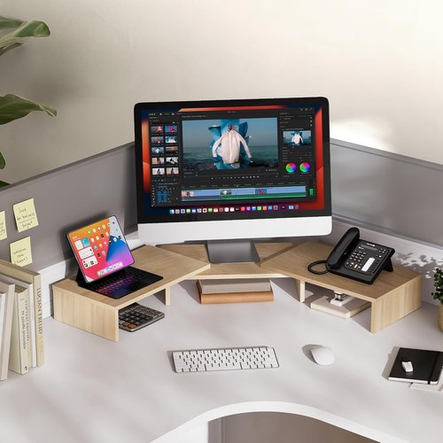 FITUEYES Dual Monitor Stand - Adjustable Wood Desktop Riser with 3 Shelves | Medium Oak Finish