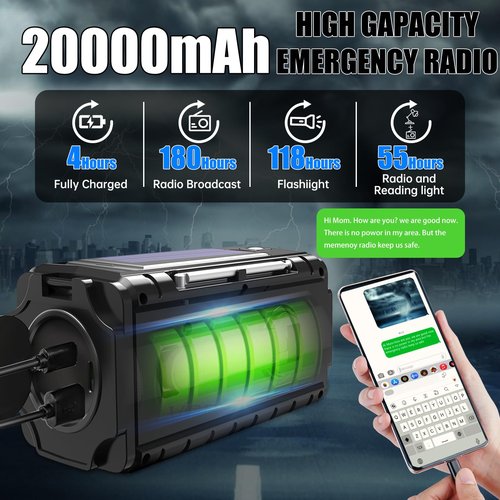 TFTDOUP Emergency Radio Hand Crank Solar, AM/FM/SW NOAA Weather Radio Built-in 20000mah Large Battery Powered,Type-C Charger,Flashlight, Reading Light,SOS, Compact & Portable for Camping/Emergencies