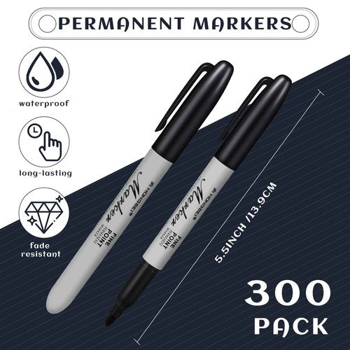 Thenshop 300 Pack Black Permanent Markers Bulk Fine Tip Permanent Marker Set Quick Drying Fine Point Pens for Classroom, Office, Home, Work on Wood, Metal, Stone, Glass, Christmas Office Gifts