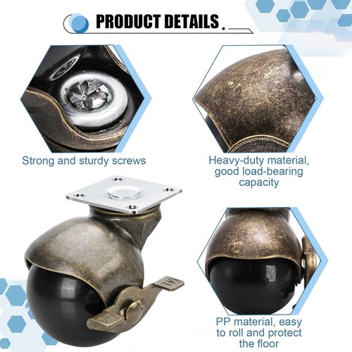 2 Inch Antique Brass Ball Casters with Brake - Set of 4 Heavy-Duty Swivel Plate Casters, Vintage Furniture Wheels for Sofa, Cabinet, Kitchen Cart