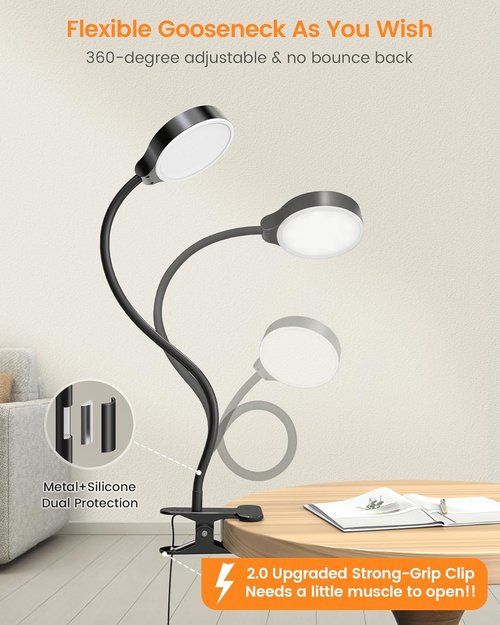 Glocusent 5W Reading Light - 36 LED Eye-Caring Bed Lamp with 3 Colors & 5 Brightness Levels | Black with Remote