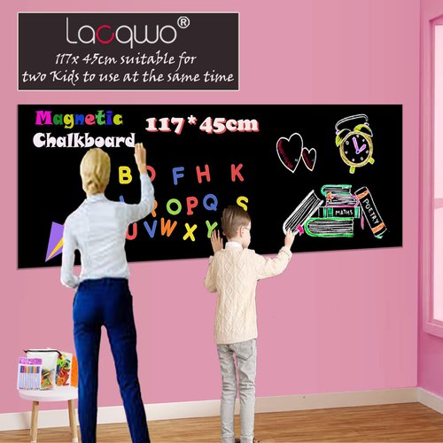 LACQWO Magnetic Chalkboard Contact Paper for Wall 46.3"x18" Self Adhesive Magnetic Wall Board Sticker with 12 Colors Liquid Chalk and 36 Magnet Letters for Kids, Black Chalk Board Wallpaper Roll