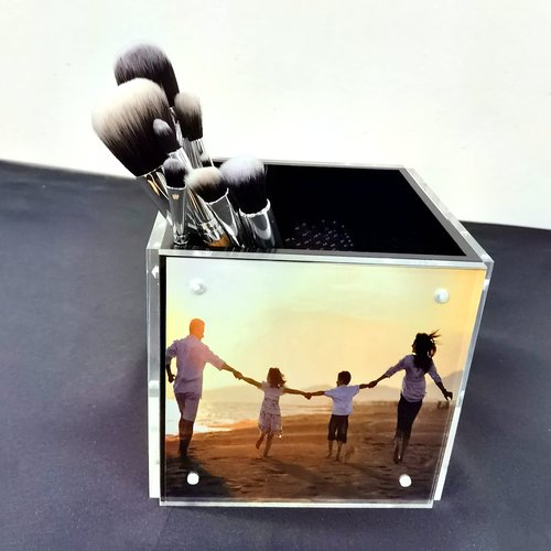 HESIN 4-side Acrylic Photo Block Cube Tabletop Pen holder Desktop Storage Organizer for Office, Classroom, Home, Kids , Picture Frame for 5" x5" photo size