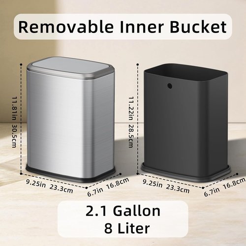 Skiennix 8L Small Bathroom Trash Can - Stainless Steel Swing-Top Waste Bin for Home & Office (Silver)