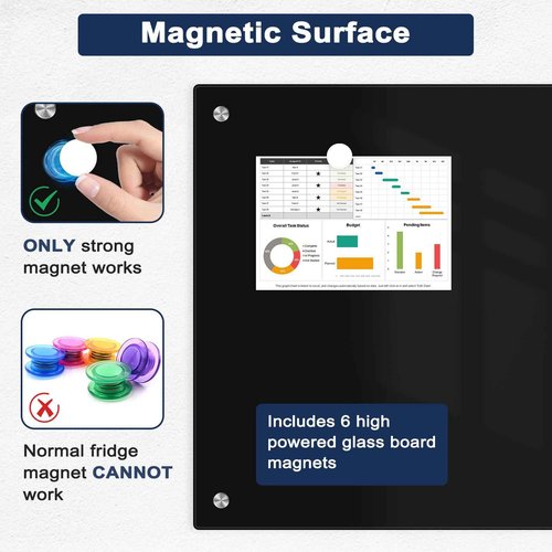 Black Dry Erase Board, 24" x 18" Magnetic Glass Whiteboard for Wall, Black Glass White Board with 1 Marker Tray and 3 Magnets for Office, Home, Classroom