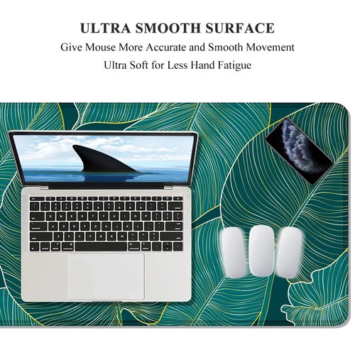 Auhoahsil Desk Mat, Ultra Large Mouse Pad, XXL Gaming Mousepad, Green Tropical Leaves Deskpad, Big Extended Full Size Mouse Pad, Desktop Desk Matt for Keyboard, Laptop & Computer, 35.5 x 15.7 in