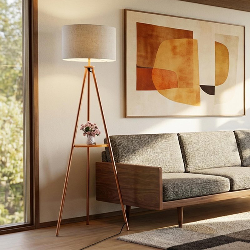 homzuri 58.3" Mid-Century Tripod Floor Lamp with Shelf, Hidden Wiring, RGB Dimmable Bulb Included, Remote & App Control, Iron Corner Standing Lamp with Linen Shade for Living Room Bedroom
