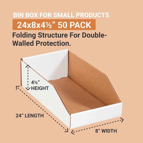 AVIDITI Cardboard Storage Bins, Open Top Bin Box, 24" L x 8" W x 4-1/2" H, 50-Pack | Small for Inventory, Organization, Parts, Garage, Warehouse or Home Cubby, Oyster White 24x8x4.5 BINMT824
