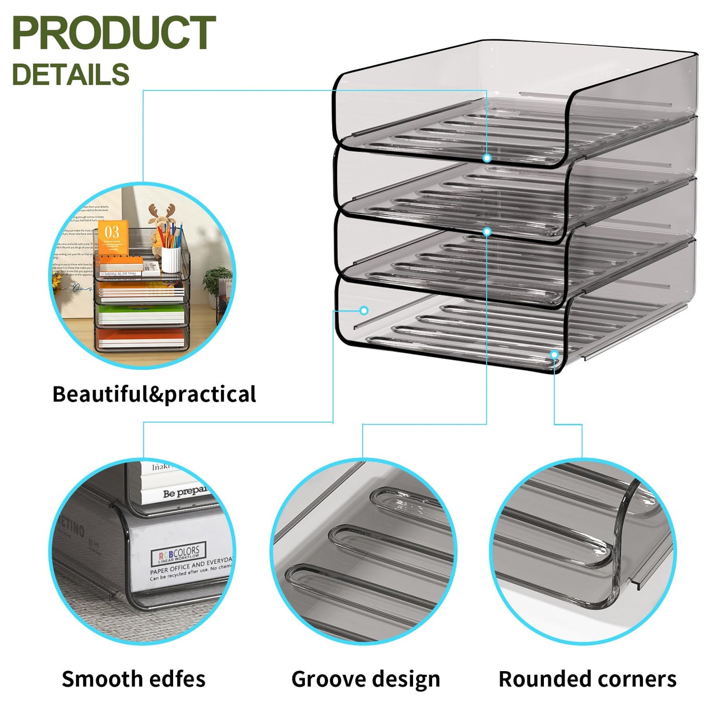 FANXIYQ 4-Tier Acrylic Paper Tray Organizer, Smoked Brown Stackable Desk File Organizer for Documents, Files, Letters, A4 Paper, Books, Notes, Mail & Paper Storage, Office Classroom Home