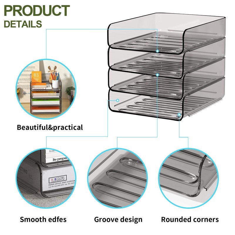 FANXIYQ 4-Tier Acrylic Paper Tray Organizer, Smoked Brown Stackable Desk File Organizer for Documents, Files, Letters, A4 Paper, Books, Notes, Mail & Paper Storage, Office Classroom Home