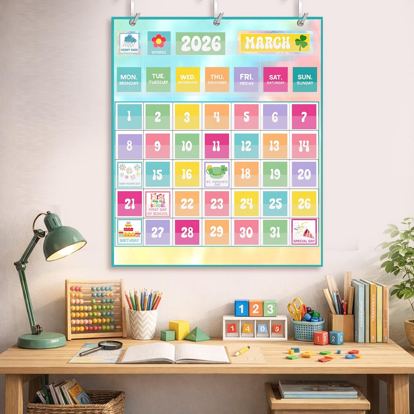Tinlade Classroom Calendar Pocket Chart Set with 115 Cards 24 x 28 Inch Rainbow Pastel Calendar Bulletin Board Pocket 2026-2033 Festival Weather Teacher Supplies for Back to School Wall Decoration