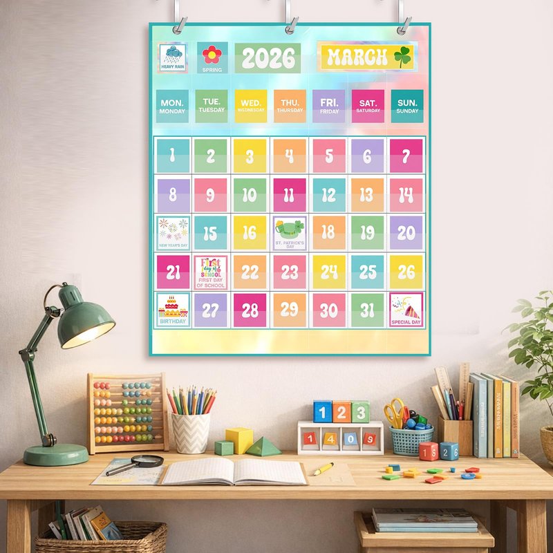 Tinlade Classroom Calendar Pocket Chart Set with 115 Cards 24 x 28 Inch Rainbow Pastel Calendar Bulletin Board Pocket 2026-2033 Festival Weather Teacher Supplies for Back to School Wall Decoration