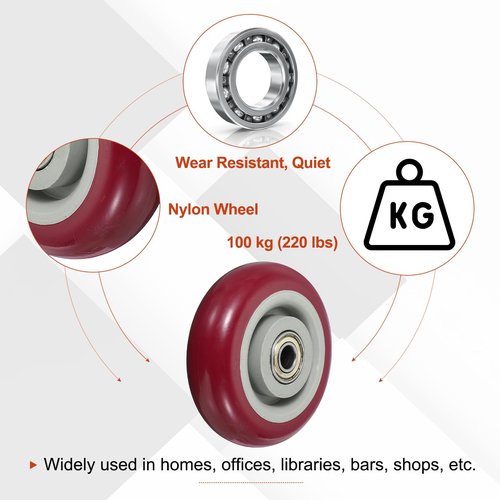MECCANIXITY 4 Inch Push Cart Wheels Replacement Nylon Rolling Casters Wheel with 3/8" Bore Each Loading Capacity 220 lbs for Furniture Platform Trucks Shopping Cart Shelf, Red Pack of 4