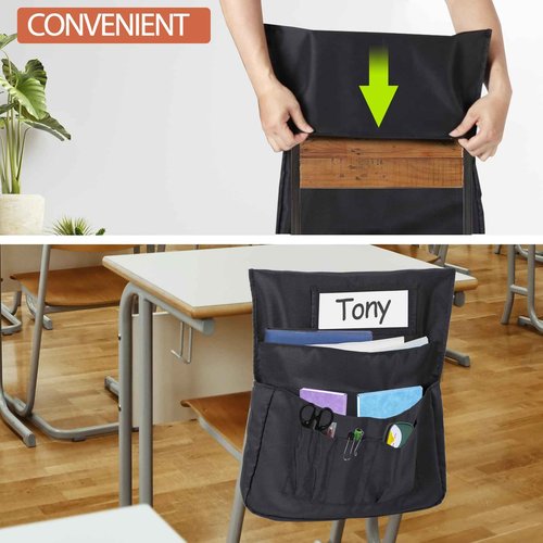 Toriexon Chair Pockets 24 Pack, 17 x 18 Inch Black Chairback Buddy With Name Slot, Classroom Organizer for Kids' Back of Chair