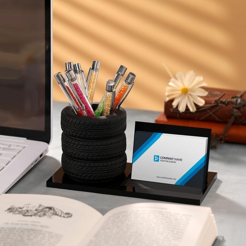 Sherr Tire Shaped Pen Holder Business Card Tire Shape Arylic Stationery Set Automotive Business Card and Car Salesman Pen Holder Office Desk Organizer for Men Cool Mechanics Gifts Car Lover(Black)