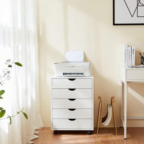 Elevon 5 Drawer Chest - Mobile Wooden Storage Cabinet with Wheels | White Room Organizer for Home & Office
